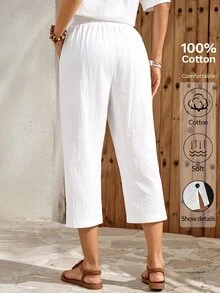EMERY ROSE Women's Casual Basic Vacation Commute Travel White Slant Pocket Cropped Pants Summer Holiday Day Country - White - View 2