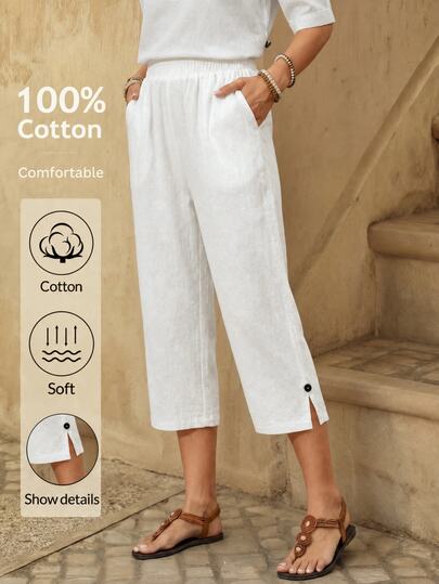 EMERY ROSE Pantalon court blanc décontracté basique pour femme, poches obliques, pour vacances, trajets quotidiens, voyages, été, vacances d'été, style champêtre