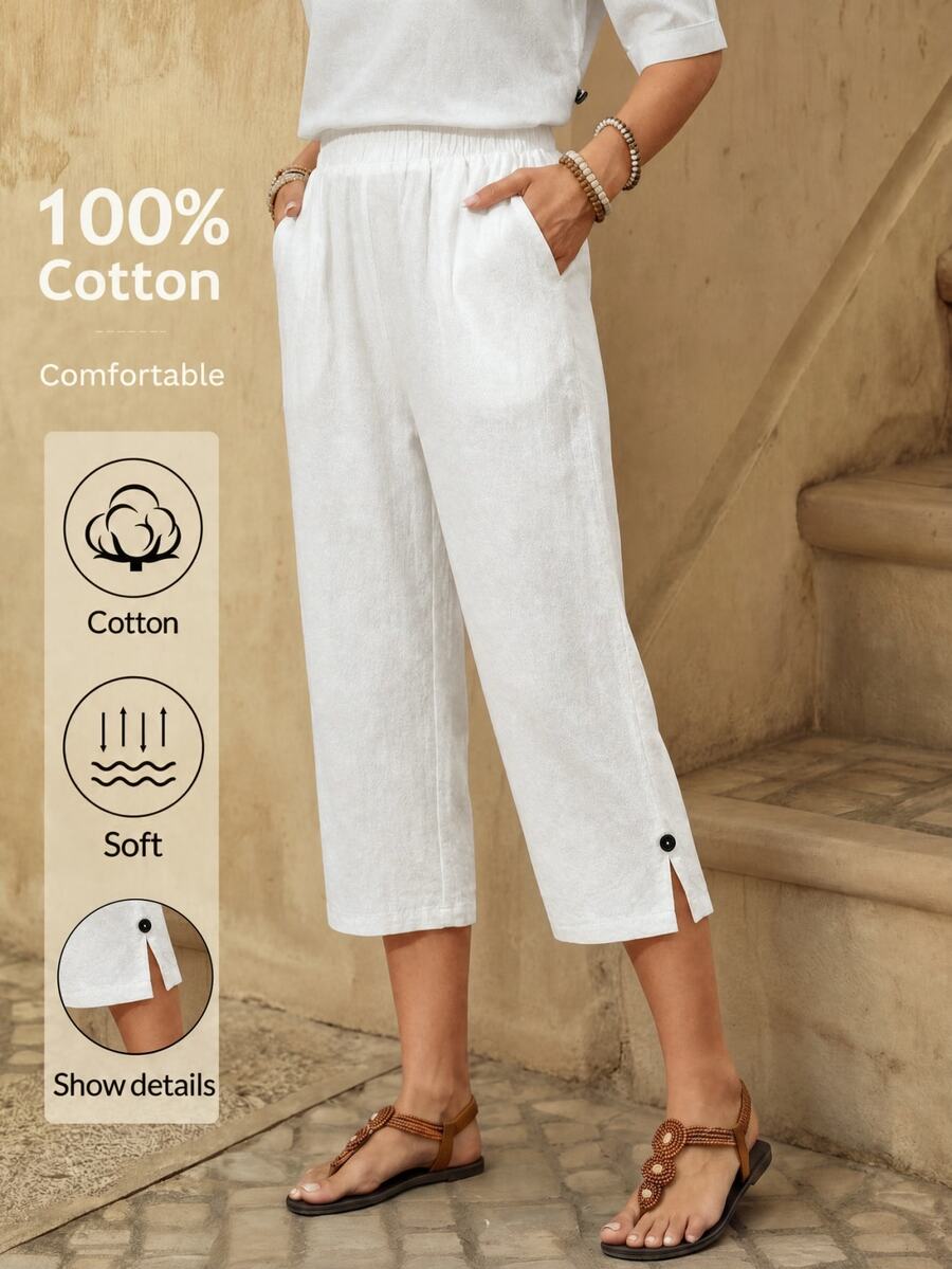 EMERY ROSE Women's Casual Basic Vacation Commute Travel White Slant Pocket Cropped Pants Summer Holiday Day Country - White - View 1