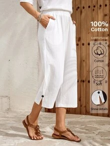 EMERY ROSE Women's Casual Basic Vacation Commute Travel White Slant Pocket Cropped Pants Summer Holiday Day Country - White - View 8