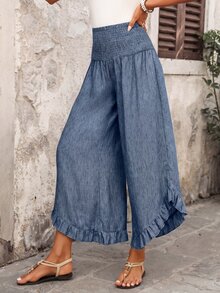 EMERY ROSE Celana Panjang Wanita Kasual Boho dengan Hem Bergelombang untuk Musim Gugur, Pantai, Piknik, Warna Biru Muda - Biru - View 5