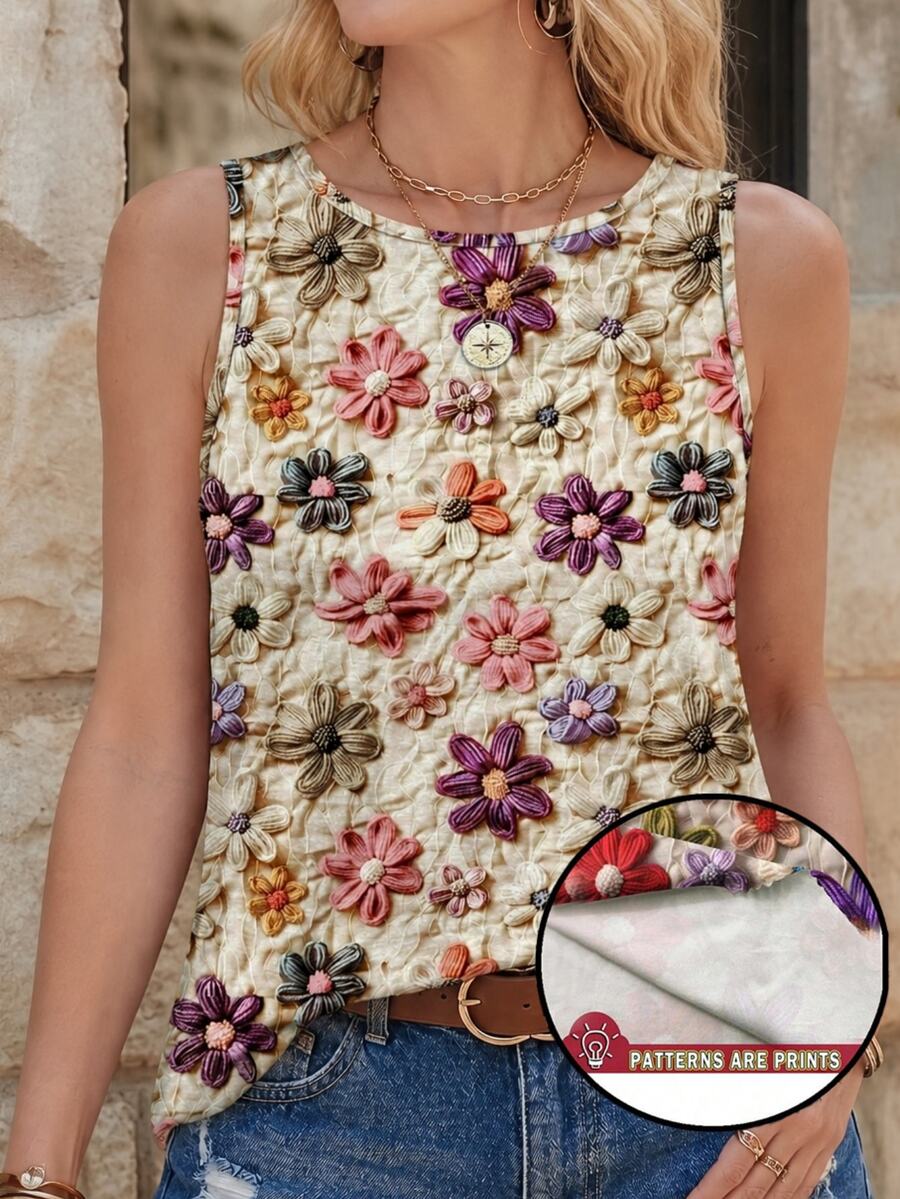 EMERY ROSE Casual Minimalist Colorful Floral Pattern Women Tank Top, Suitable For Summer Vacation,Casual