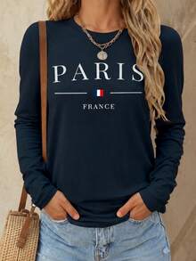 EMERY ROSE Women's Casual Everyday Versatile Round Neck Long Sleeve T-Shirts - Navy Blue - View 3