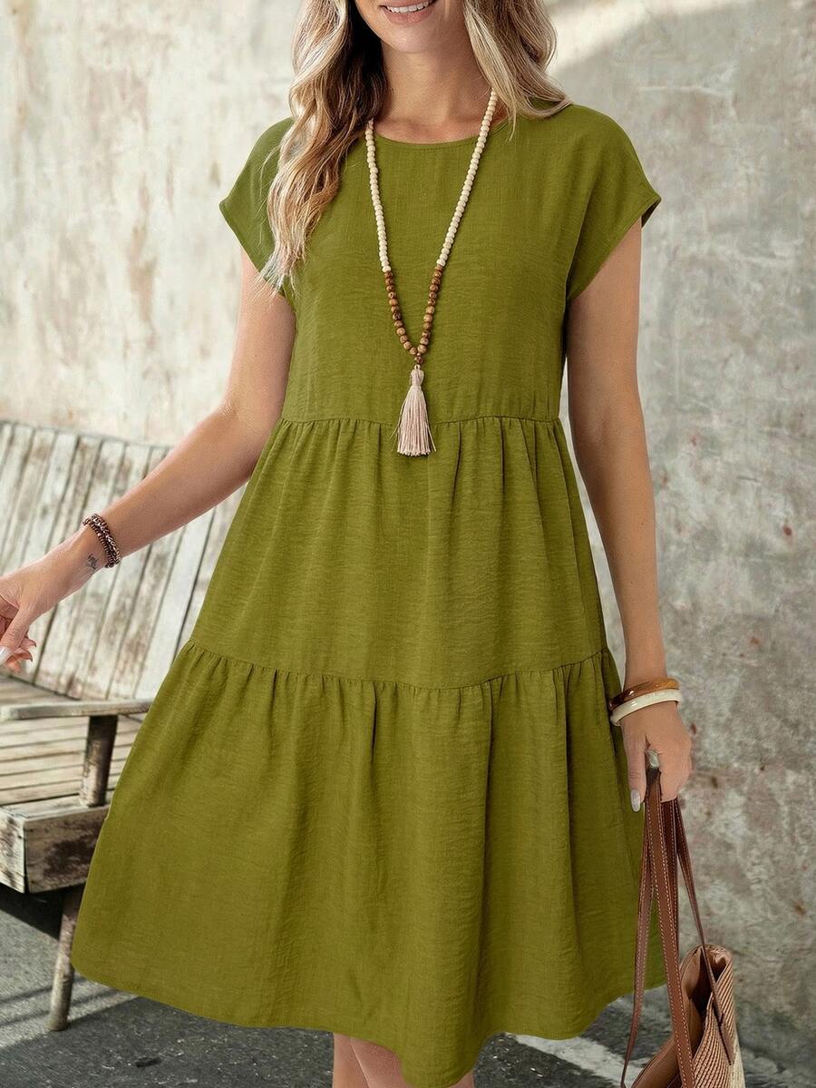 EMERY ROSE Women's Casual Boho Linen-Like Olive Green Short Sleeve Round Neck Mid-Length Dress, Spring/Summer Spring,Casual Vacation Vacation Vacation