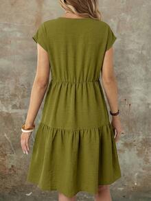 EMERY ROSE Women's Casual Boho Linen-Like Olive Green Short Sleeve Round Neck Mid-Length Dress, Spring/Summer Spring,Casual Vacation Vacation Vacation - Multicolor - View 5