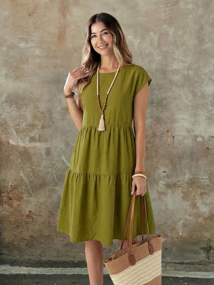 EMERY ROSE Women's Casual Boho Linen-Like Olive Green Short Sleeve Round Neck Mid-Length Dress, Spring/Summer Spring,Casual Vacation Vacation Vacation - Multicolor - View 7
