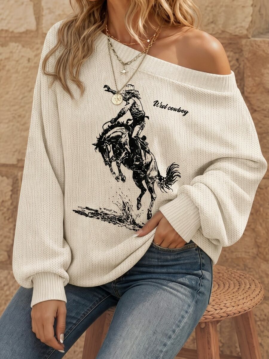 EMERY ROSE Women's Casual Western Horse Pattern Sweater, Suitable For Autumn/Winter,Casual Travel Black And White Everyday Daytime Traveling - Multicolor - View 1