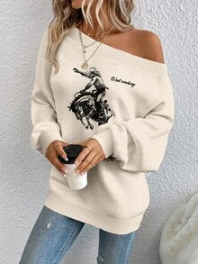 EMERY ROSE Women's Casual Western Horse Pattern Sweater, Suitable For Autumn/Winter,Casual Travel Black And White Everyday Daytime Traveling - Multicolor - View 4