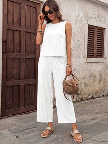 EMERY ROSE Women's Solid Color Round Neck Top And Long Pants Casual Daily 2 Pieces Set Vacation White Summer - White - View 4