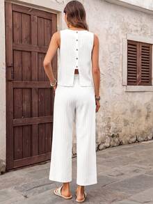 EMERY ROSE Women's Solid Color Round Neck Top And Long Pants Casual Daily 2 Pieces Set Vacation White Summer - White - View 2