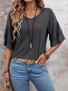 EMERY ROSE Women's Double Layer Ruffled Hem Short Sleeve T-Shirt - Dark Grey - View 5