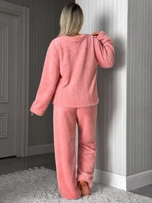 SHEIN Cottnline Women Welsoft Premium Embroidery Soft Loung Set - Pink - View 2