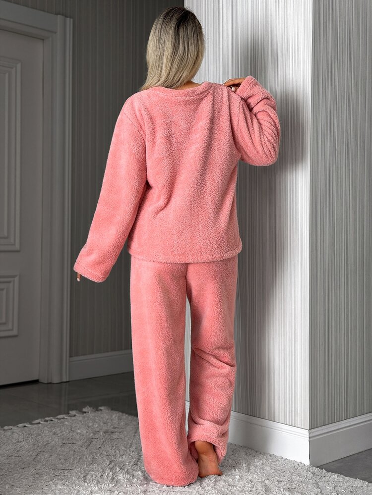 SHEIN Cottnline Women Welsoft Premium Embroidery Soft Loung Set - Pink - View 2