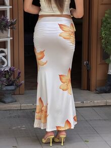 Sindi Myftari 2pcs Women's Elegant Party Solid Color Mermaid Skirt And Floral Print Skirt Set - Light Yellow - View 4