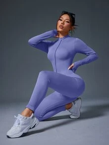 With My Calm With My Calm 羅紋拉鍊長袖運動連身褲 - 淡紫色 - 查看 5