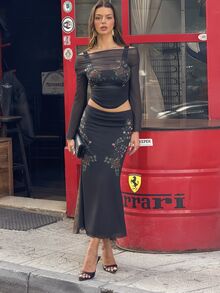 Sindi Myftari Floral Print T-Shirt Paired With Slim Fit Maxi Skirt, Elegant 2-Piece Set For Women - Black - View 3