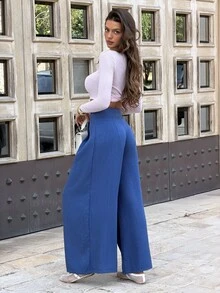 Sindi Myftari 新款女士高腰侧拉链装饰纽扣喇叭裤休闲优雅长裤，适合春秋季穿着 - 藍色 - 查看 2
