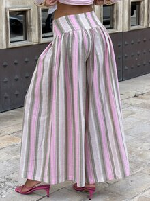 Sindi Myftari 復古粉色條紋夏季波西米亞度假低腰寬腿褲，女款休閒長褲，適合日常通勤與派對 - 彩色 - 查看 3