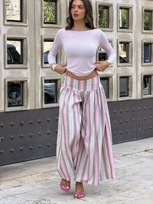 Sindi Myftari 復古粉色條紋夏季波西米亞度假低腰寬腿褲，女款休閒長褲，適合日常通勤與派對 - 彩色 - 查看 2