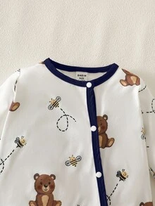 SHEIN 5件組嬰兒男女童服裝套裝 新生兒熊造型連身褲連腳套連帽帽與手套 棕色與白色波點設計 秋季可愛節日禮物 透氣 - 藏蓝色 - 查看 5
