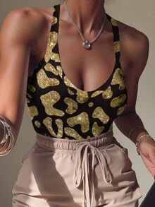 INAWLY Women's Spaghetti Strap Leopard Print Bodysuit, Sexy Sleeveless Fitted Digital Printed Bodysuit - Multicolor - View 6