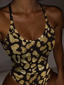 INAWLY Women's Spaghetti Strap Leopard Print Bodysuit, Sexy Sleeveless Fitted Digital Printed Bodysuit - Multicolor - View 5