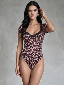 CHARMVALE Women's New Sexy Deep Brown Leopard Print Square Neck Short Sleeve Lace Bodysuit, Versatile Style, Suitable For Spring, Summer And All Seasons - Multicolor - View 2