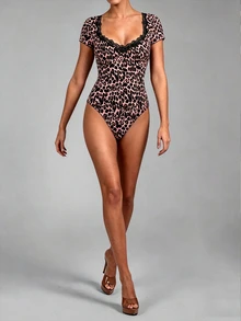 CHARMVALE Women's New Sexy Deep Brown Leopard Print Square Neck Short Sleeve Lace Bodysuit, Versatile Style, Suitable For Spring, Summer And All Seasons - Multicolor - View 6