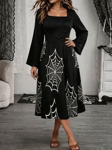 GlowEve CURVE Gaun Jaring Laba-laba Bahu Terbuka Warna Hitam Elegan Kasual untuk Wanita Ukuran Plus, Tema Halloween dan Musim Gugur - Hitam - View 6