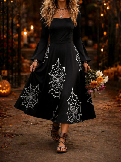 GlowEve CURVE Plus Size Women's Black Elegant Casual Halloween Off-Shoulder Spider Web Dress