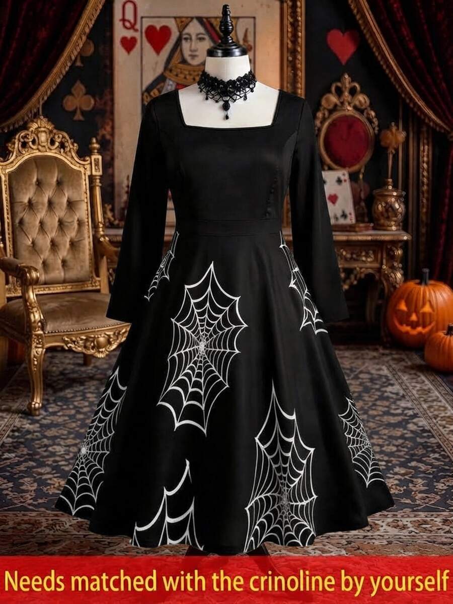 GlowEve CURVE Gaun Jaring Laba-laba Bahu Terbuka Warna Hitam Elegan Kasual untuk Wanita Ukuran Plus, Tema Halloween dan Musim Gugur - Hitam - View 1