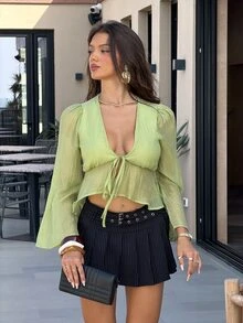 Sindi Myftari Boho Going Out Tops For Women Green Top  Green Blous Ruffled Hem Bell Sleeve Tie Front Blouse No Chest Padding - Green - View 1