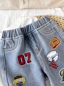 Baby Boy Basketball Pattern Light Blue Denim Fleece Lined Loose Fit Long Pants, Autumn/Winter - Blue - View 3
