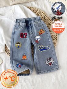 Baby Boy Basketball Pattern Light Blue Denim Fleece Lined Loose Fit Long Pants, Autumn/Winter - Blue - View 1