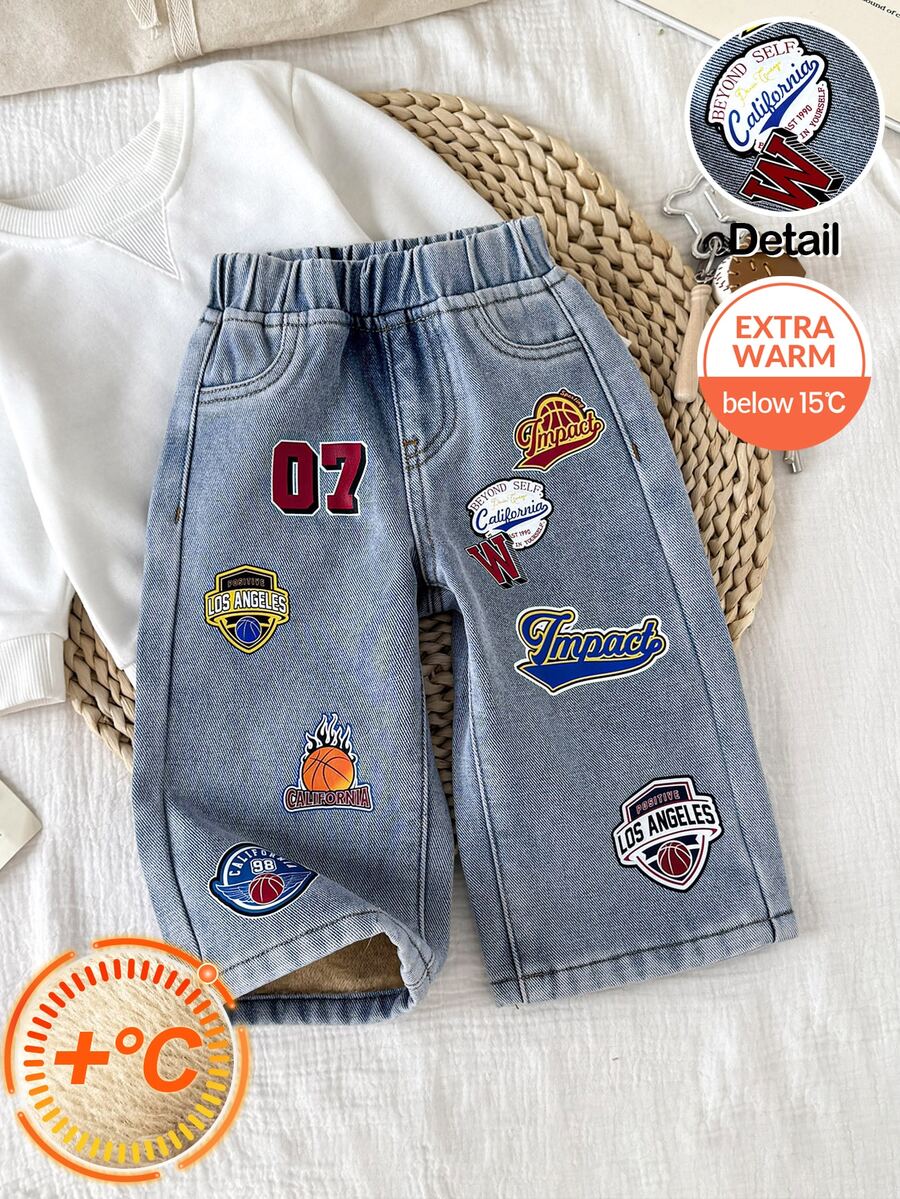 Baby Boy Basketball Pattern Light Blue Denim Fleece Lined Loose Fit Long Pants, Autumn/Winter - Blue - View 1