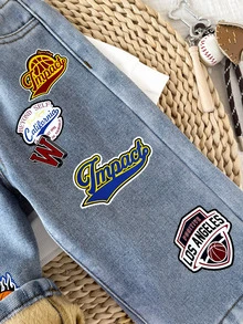 Baby Boy Basketball Pattern Light Blue Denim Fleece Lined Loose Fit Long Pants, Autumn/Winter - Blue - View 4