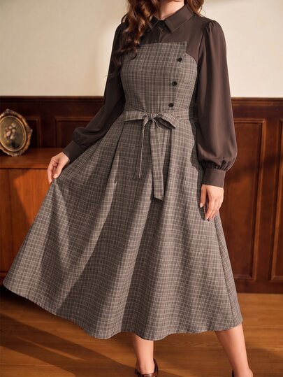 Auvina Women's Autumn/Winter Vintage 2-In-1 Style Minimalist Plaid Patchwork Lapel Puff Long Sleeve Side Button Decor Cinched Waist Bow Belt A-Line Full Skirt Shirt Collar Plaid Dress
