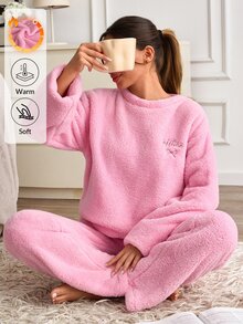 SHEIN طقم بيجامة للاسترخاء من قماش ويلسوفت ناعم وردي فاتح بتطريز فيونكة بتصميم بسيط - وردي - مشاهدة 3