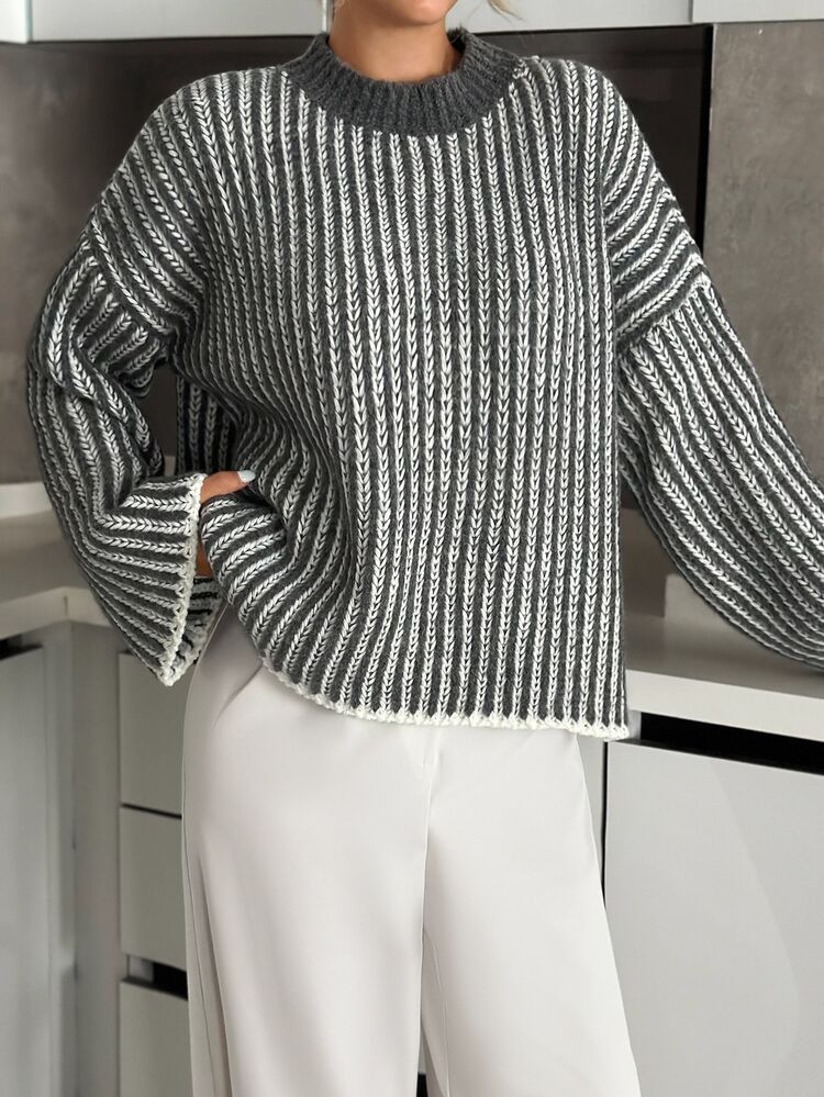 SHEIN Plus Size Women's Casual Loose Striped Round Neck Drop Shoulder Long Sleeve Sweater, Autumn/Winter Knitted Jumper For Women Women's Winter Sweater Striped Sweater Pullover Sweater Women Ribbed Knit Sweater,Jumpers,Women's Jumpers - Grey - View 4
