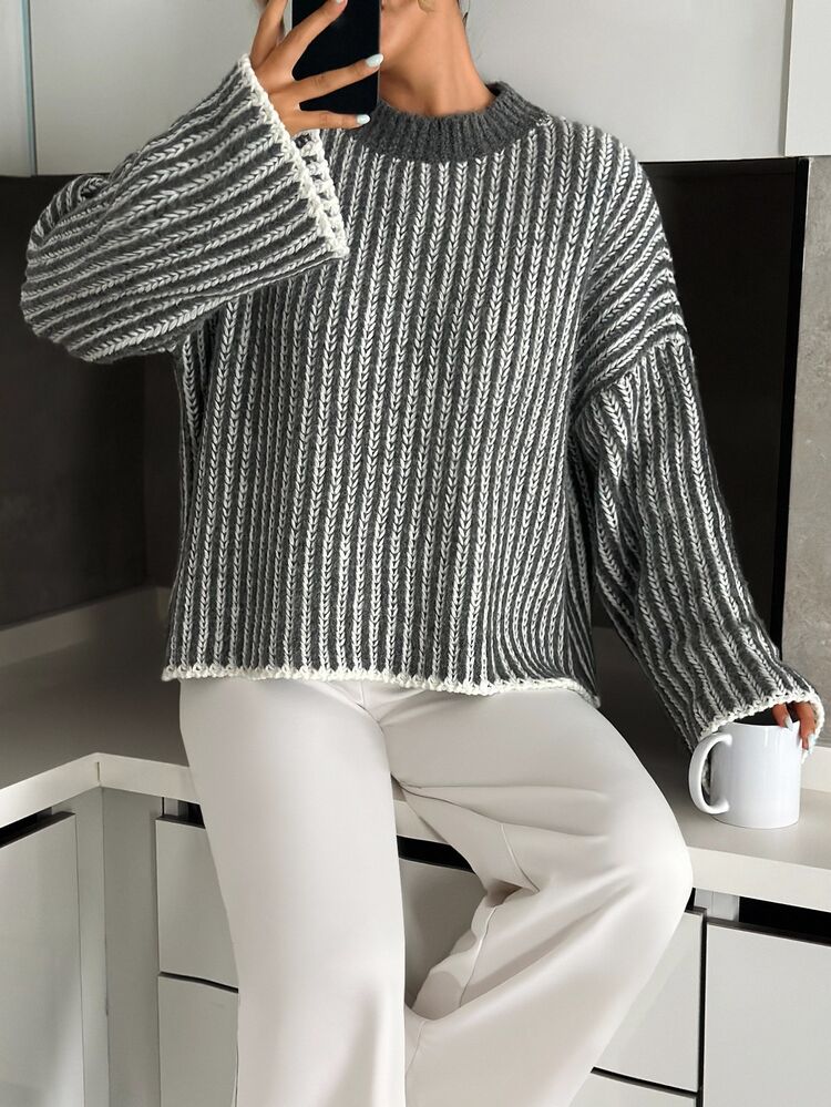 SHEIN Plus Size Women's Casual Loose Striped Round Neck Drop Shoulder Long Sleeve Sweater, Autumn/Winter Knitted Jumper For Women Women's Winter Sweater Striped Sweater Pullover Sweater Women Ribbed Knit Sweater,Jumpers,Women's Jumpers - Grey - View 8