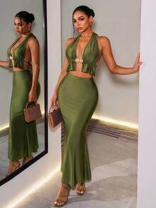 BamGleam Women's Solid Color Ruffled Hem Deep V-Neck Halter Tank Top & Fishtail Skirt Sexy 2 Pieces Set - Army Green - View 1