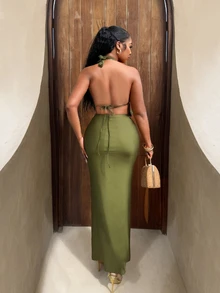 BamGleam Women's Solid Color Ruffled Hem Deep V-Neck Halter Tank Top & Fishtail Skirt Sexy 2 Pieces Set - Army Green - View 4