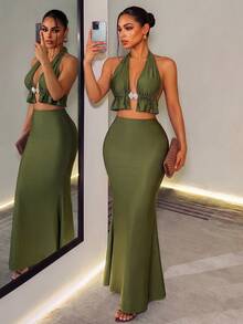 BamGleam Women's Solid Color Ruffled Hem Deep V-Neck Halter Tank Top & Fishtail Skirt Sexy 2 Pieces Set - Army Green - View 2