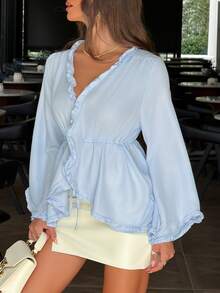 Sindi Myftari Ruffle Cinched Waist Loose Top For Women - Baby Blue - View 5