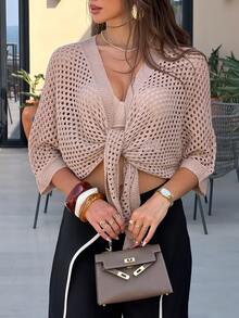 Sindi Myftari Hollow V-Neck Tie Front Loose Fashionable Versatile Sexy Women Cardigan - Brown - View 3