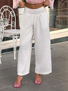 Sindi Myftari Women's Elegant Solid Color Slant Pocket Elastic Waist Pants - White - View 5