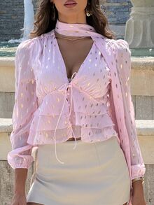 Sindi Myftari Women's French Style Casual Shirt With Metallic Gold Leaf Pattern, Detachable Ribbon, Layered Ruffle Hem, Suitable For Autumn And Winter - Pink - View 4