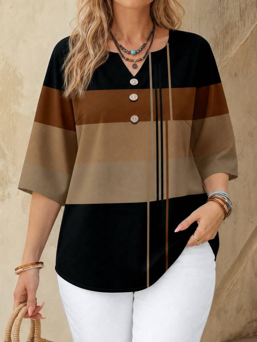 EMERY ROSE Women's Fashion Casual Striped Notched Neck 3/4 Sleeve Shirt - Multicolor - View 1