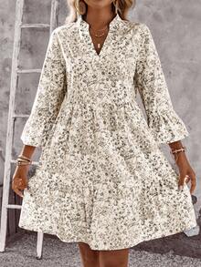 EMERY ROSE Women's Floral Print V-Neck Flare Sleeve Casual Mini Dress For Vacation - Apricot - View 4