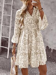 EMERY ROSE Women's Floral Print V-Neck Flare Sleeve Casual Mini Dress For Vacation - Apricot - View 7